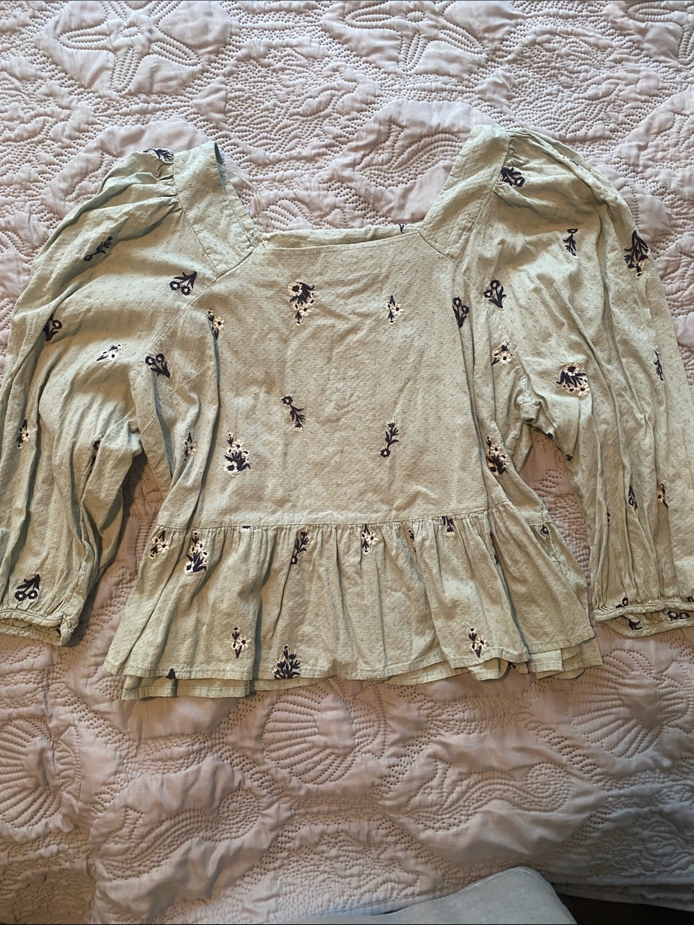 Universal Thread Light Sage Green Peplum Blouse with Dark Floral Embroidery